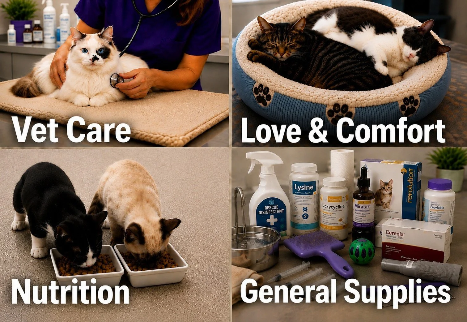 Collage showing veterinary care, nutrition, comfort, and essential supplies provided to cats at Animal Rescue League.