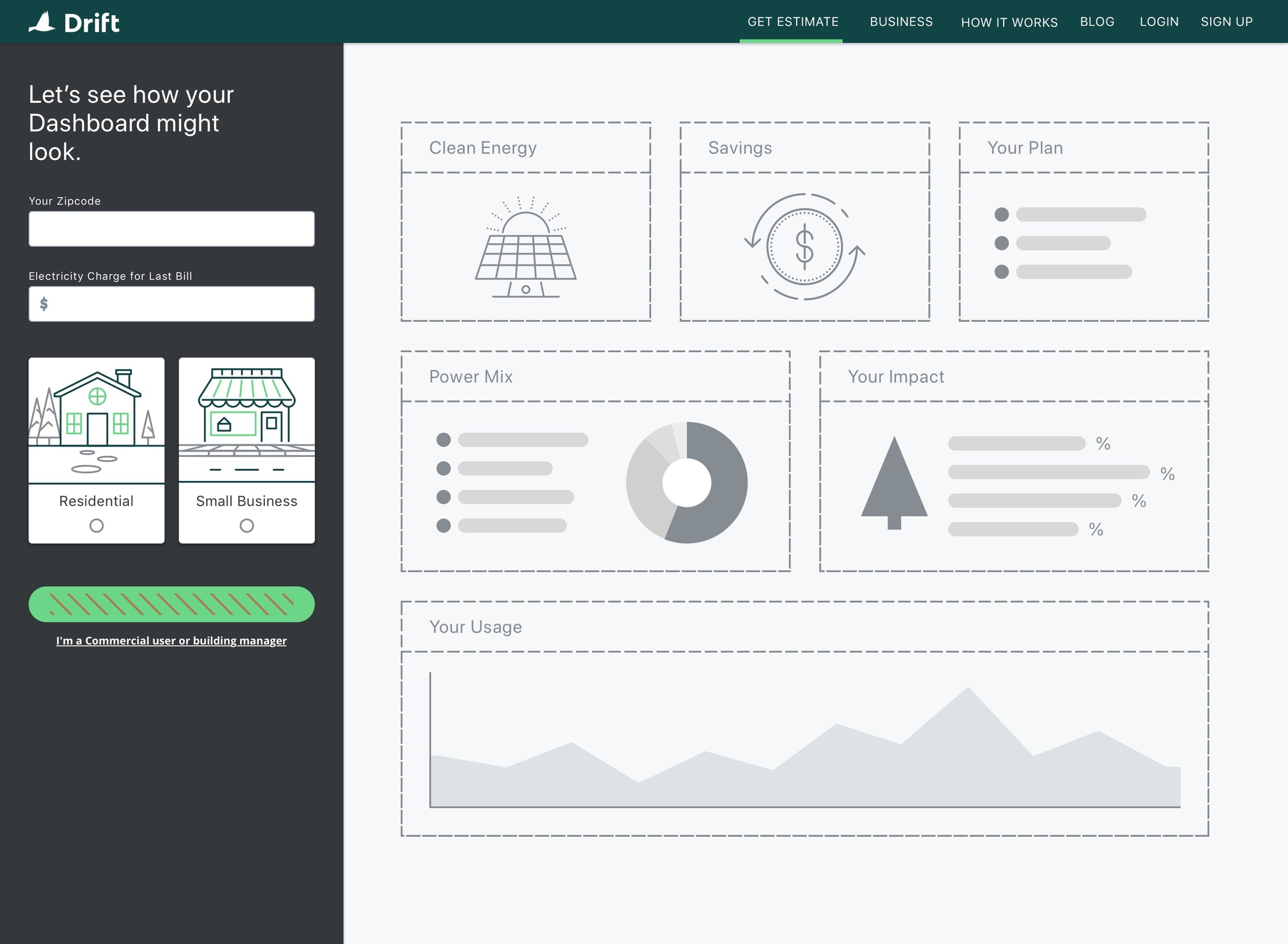 This is an example of what a user would see upon entering the tool. The information on the left was the same functionality as their estimate tool, reconfigured for the sidebar. On the right the user was presented with representational images, essentially a null state.