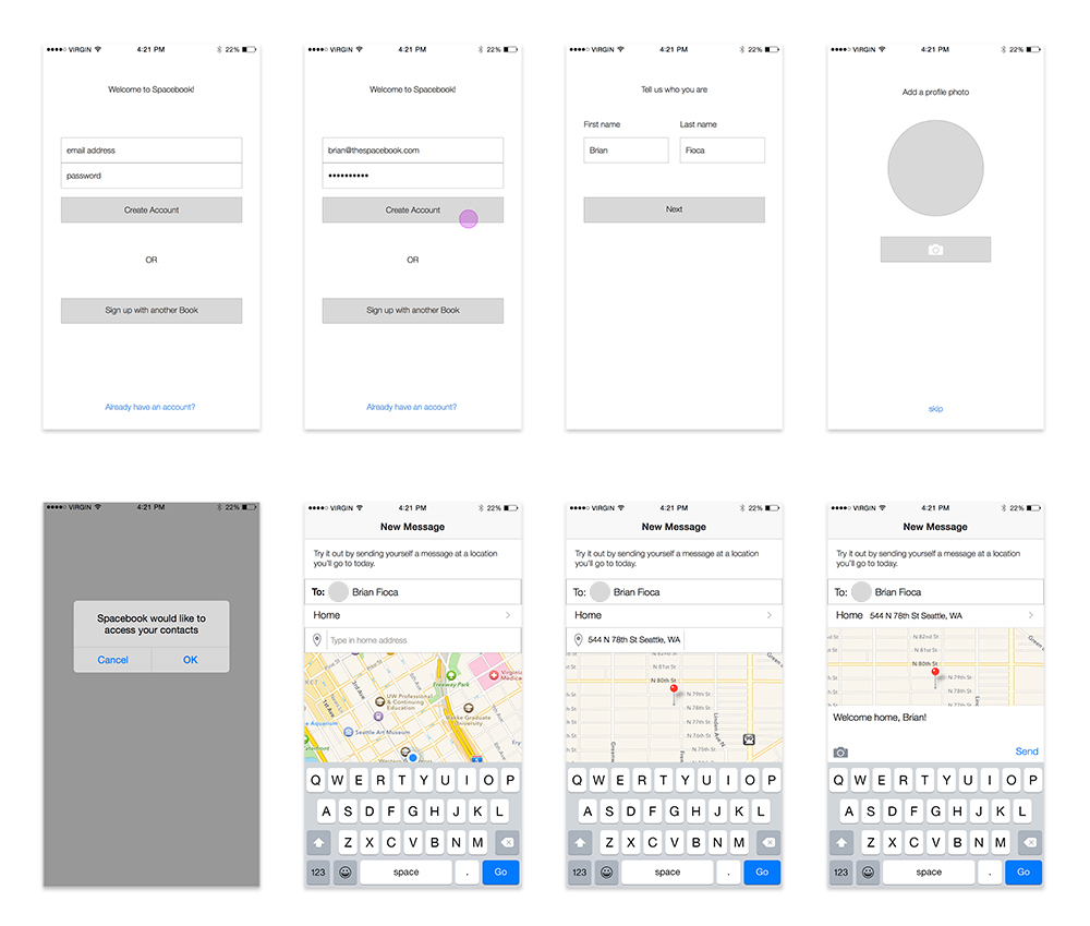 The sign up flow needed to include account credentials, profile information, and capture location. By rolling out each section one at a time I was able to keep the loop clean and simple for the end user. I chose to allow users to input their location via pin to give them a sense of control in lieu of being watched by the app.