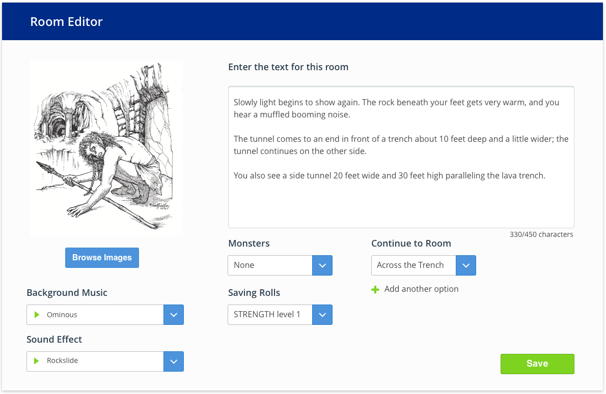 An example of the final screen, here a user could make a 'room' or step in their adventure. They are able to choose sound effects, music, images, and perils or rewards.