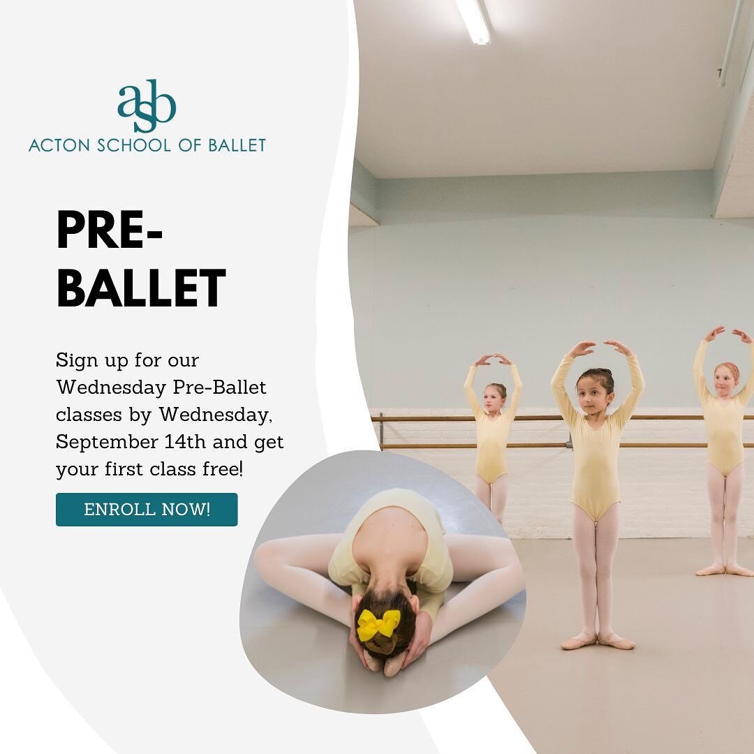 Is your Kindergartener or First Grader interested in ballet?
&zwj;
We have spots available in our two Wednesday Pre-Ballet classes at 4 pm and 4:30 pm! Sign them up by Wednesday, September 14th and get their first class free. Learn more by visiting o