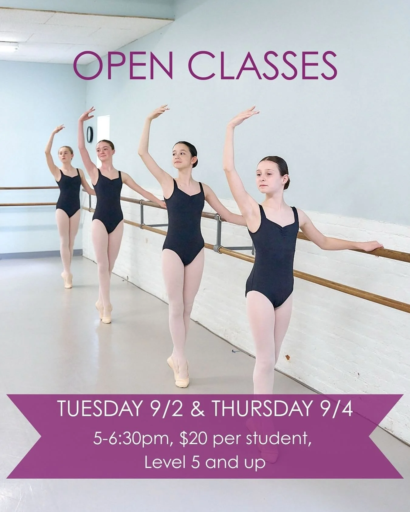 The start of fall term is coming up quick and you know what that means - Open Classes!!🤩 See you Tuesday/Thursday! 🩰
*cash or check preferred!

#actonschoolofballet #openclass #openballetclass #balletclass #balletstudio