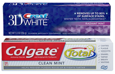 Crest and Colgate toothpaste boxes are shown.