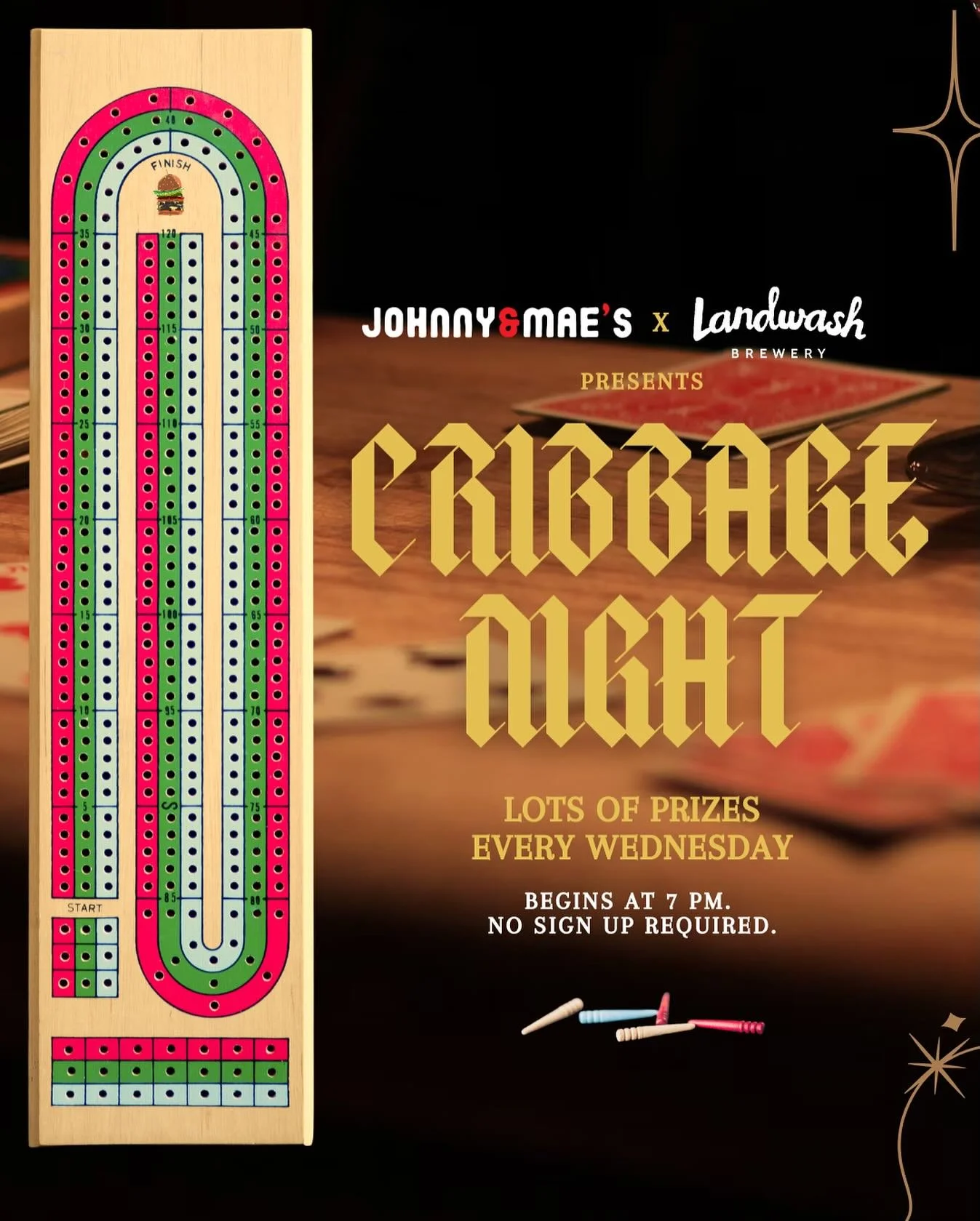 Crib is back!
😎
Every Wednesday night at 7pm, Landwash and @johnnyandmaes will be hosting crib nights with cards, food, and drinks.
🍻
We have lots of deadly prizes to win this year, so make sure to bring your A game. This is completely free to atte