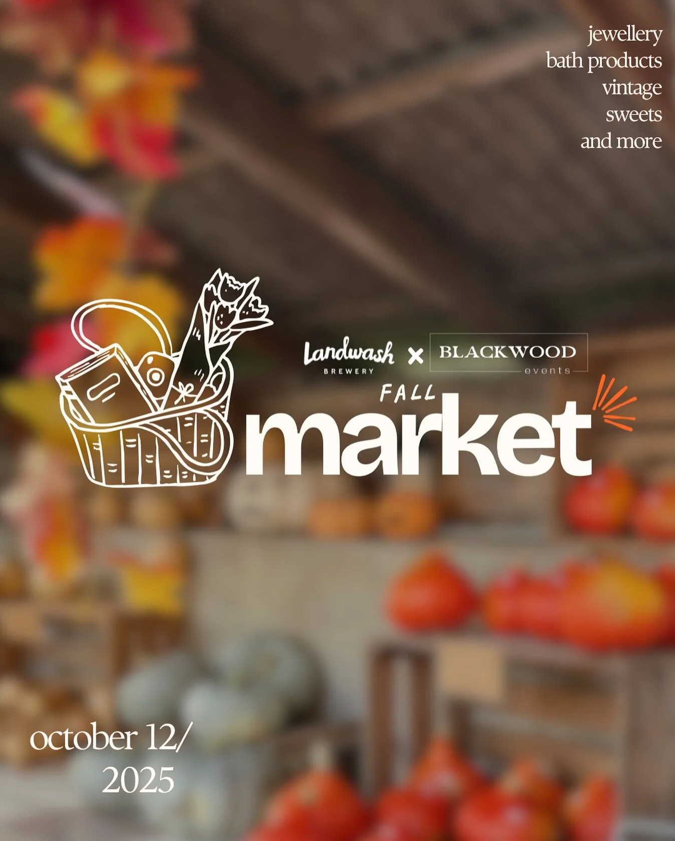 We will be teaming up with Blackwood Events for a Fall Market in the Loft!
🍁
With vendors like Washed Up, Silver Sensations, Snowflakie Designs, In the Groove Vintage, A Spiced Affair, Honey Bee You Bath &amp; Body Co., Oliver Freeze Dried, Andrea&r