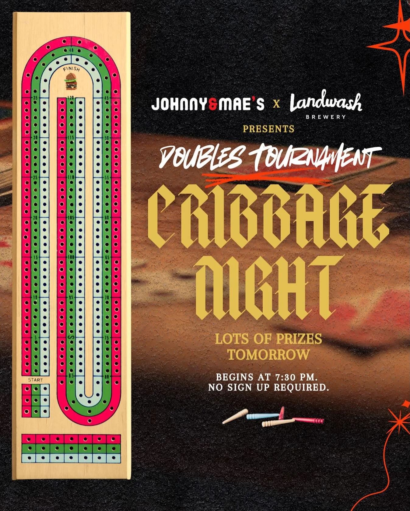 Crib Night Special! Tomorrow night is a Doubles Tournament!
🍻
Grab a bite from Johnny and Mae&rsquo;s, a beer, and have a time. This will be a Round Robin tourney! No cost to enter and we will have prizes of course! Come in groups or solo, we will m