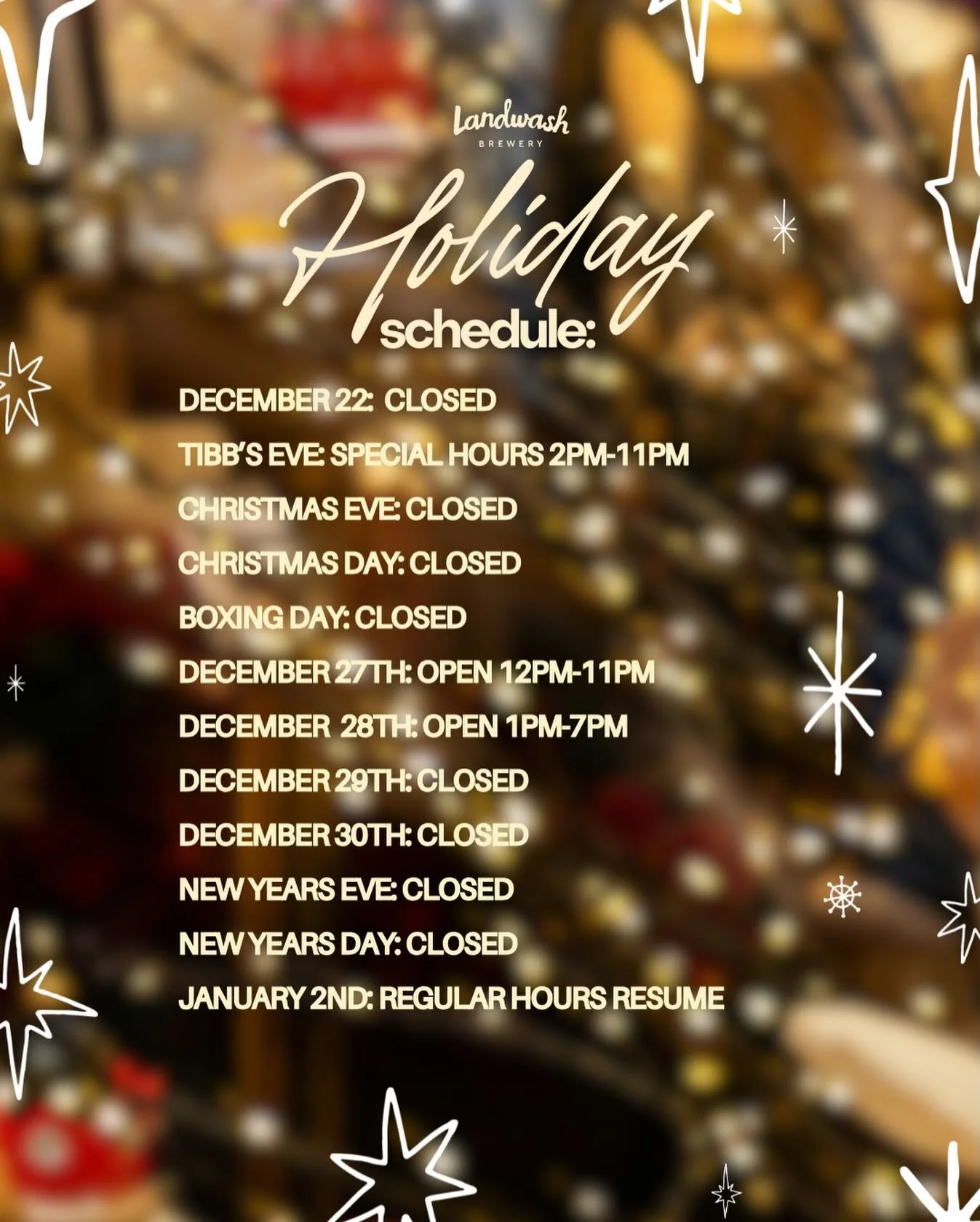 Here is our holiday schedule for the upcoming weeks! We WILL BE OPEN FOR TIBB&rsquo;S PEOPLE!
🙌