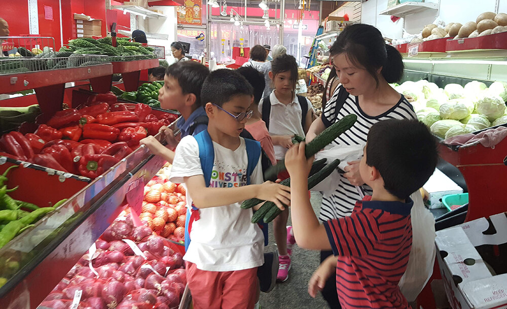  Shopping for veggies for the day (购买食材).  
