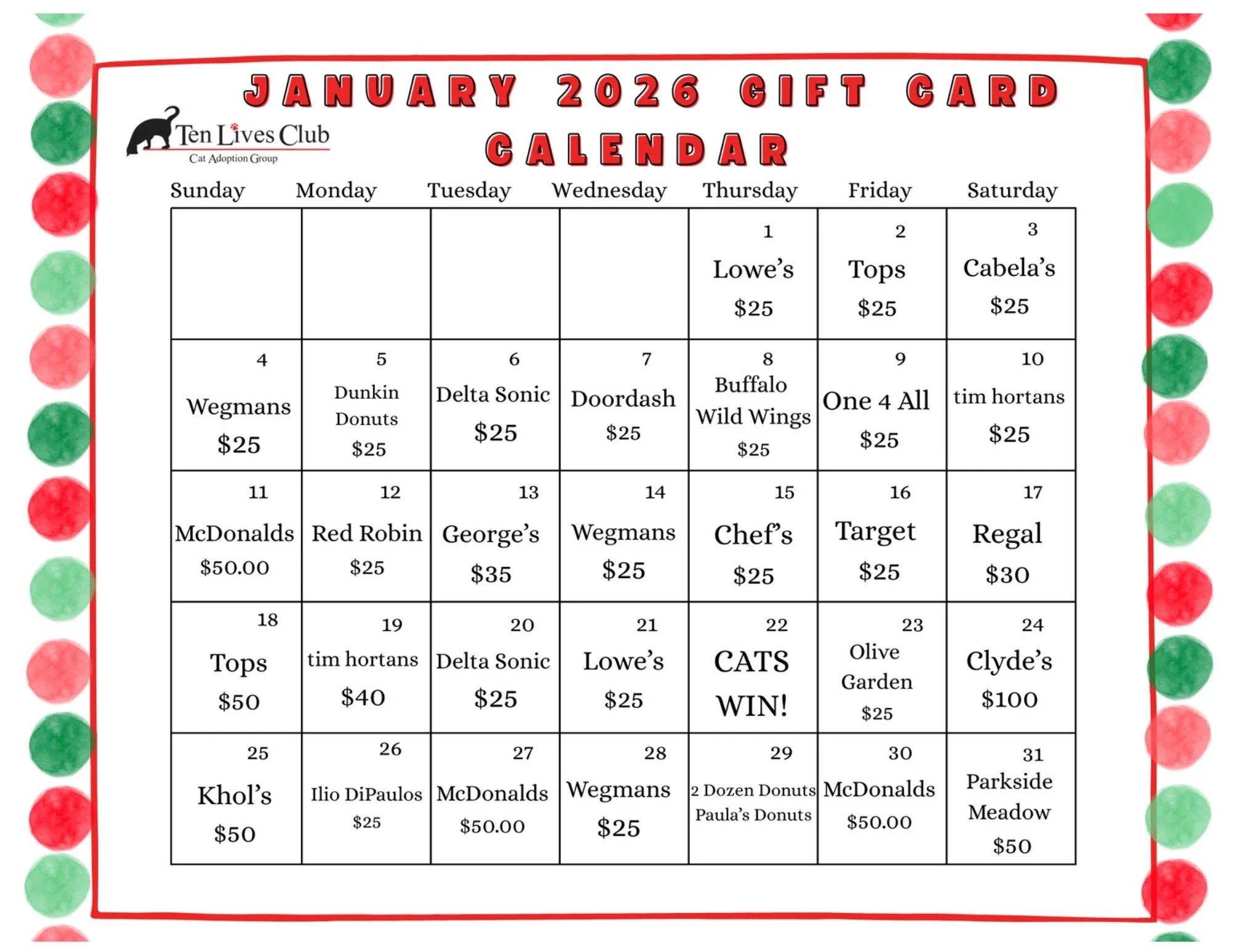 January 2026 Gift Card Calendar