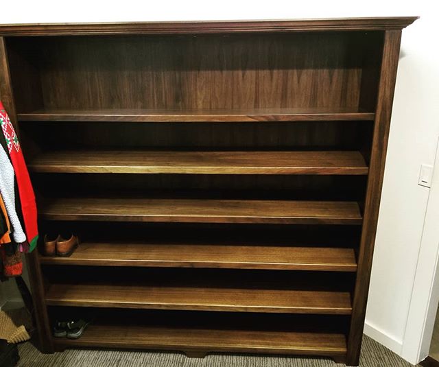 Dark walnut shoe dresser finished and installed and ready for some shoes #construction #independenceoregon #carpentry #shoedisplay #darkwalnut