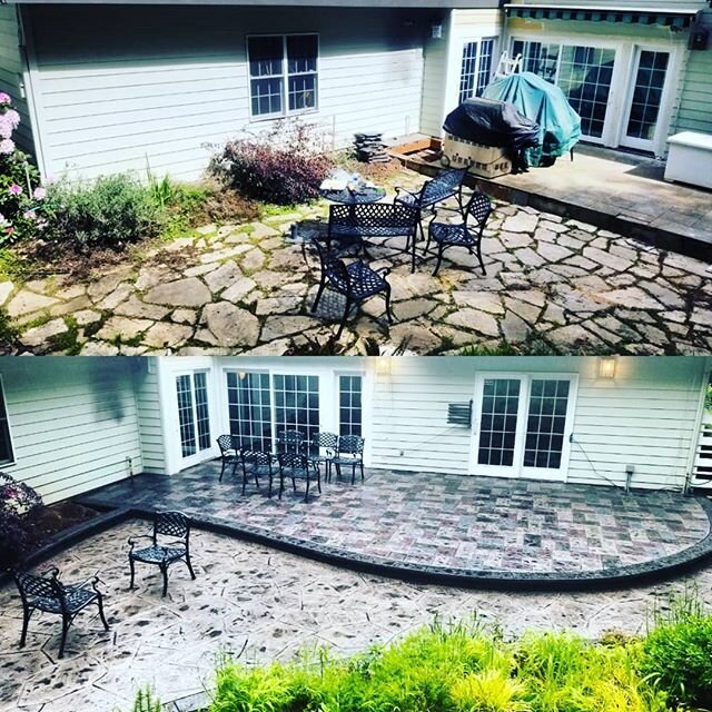 Before and after transition of this gorgeous backyard patio and deck of multi colored stamped slate and charcoal border and CNC metal access covers with underlightinglighting. #construction #corvallisoregon #concrete #stampedconcrete #backyard #backy