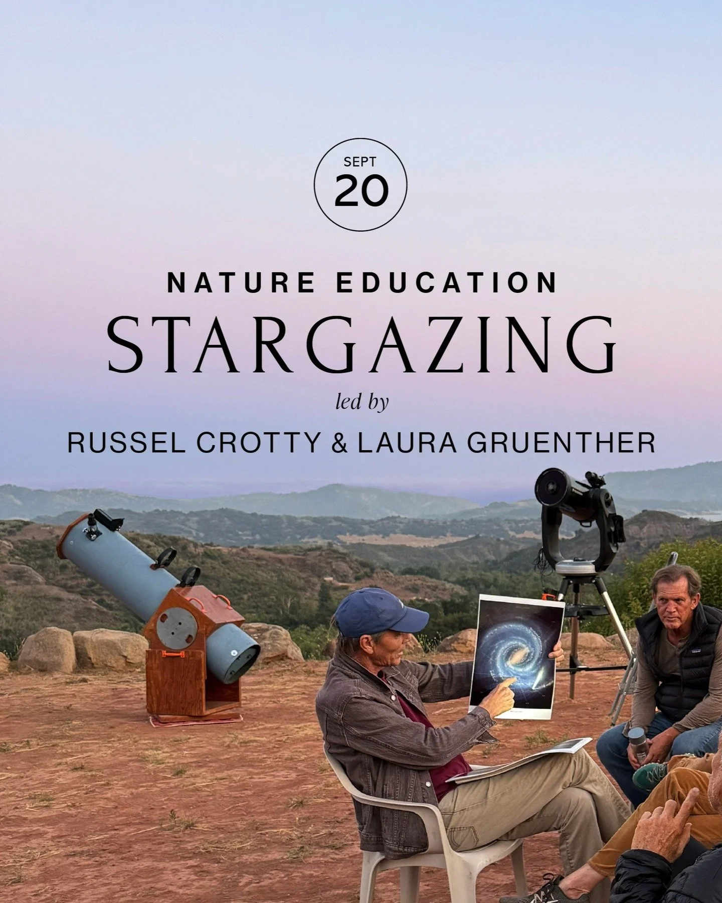 Please join us for Stargazing with Russell Crotty and Laura Gruenther

Saturday, September 20, 2025
7:00 PM - 9:00 PM

Perched above the Gardens, our Vista Point is the perfect locale for nighttime sky observation. As dusk falls, guests will be invit