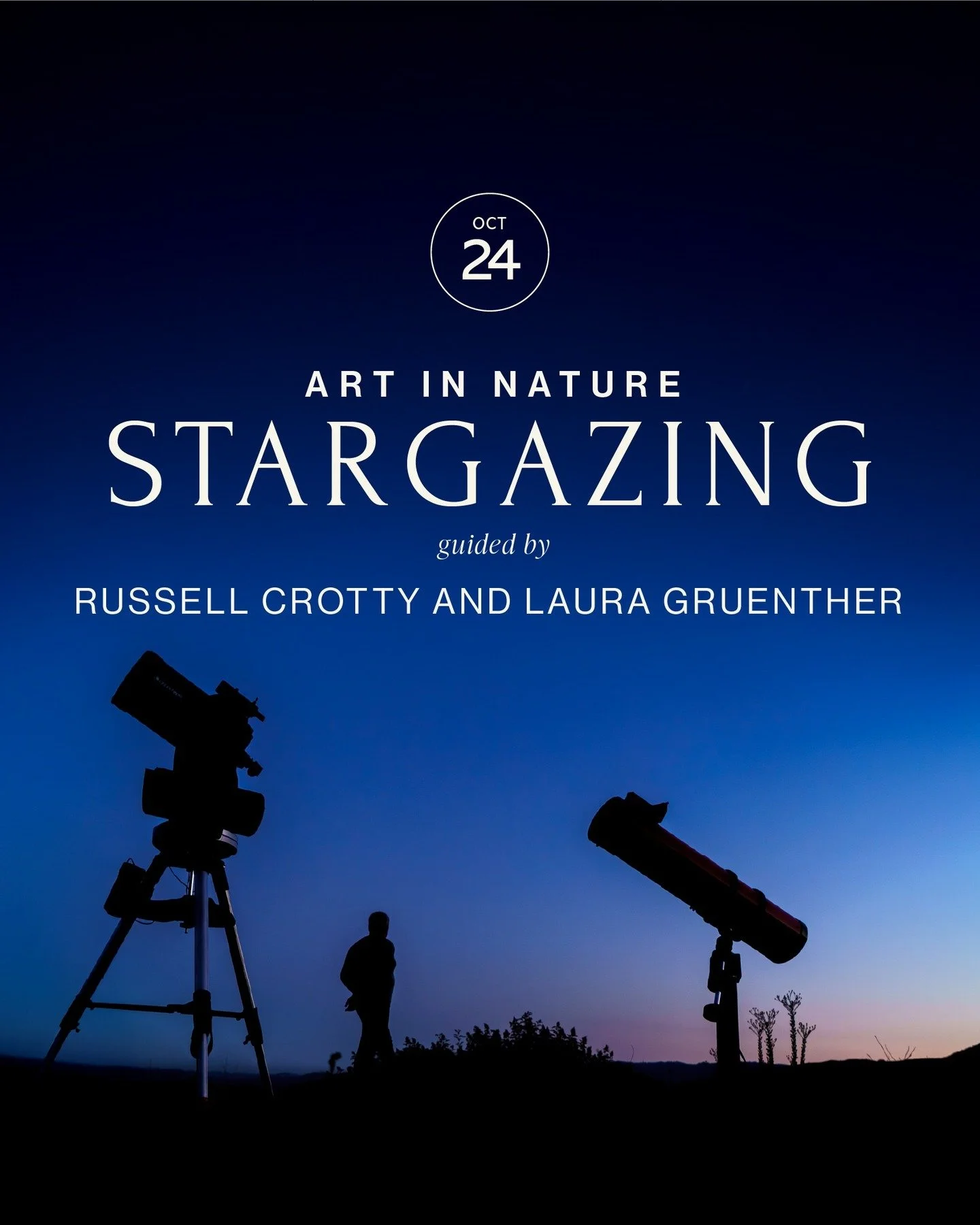 Join us for Stargazing with Russell Crotty and Laura Gruenther

Friday, October 24, 2025
6:30 PM 9:00 PM

Perched above the Gardens, our Vista Point is the perfect locale for nighttime sky observation. As dusk falls, guests will be invited to enjoy t