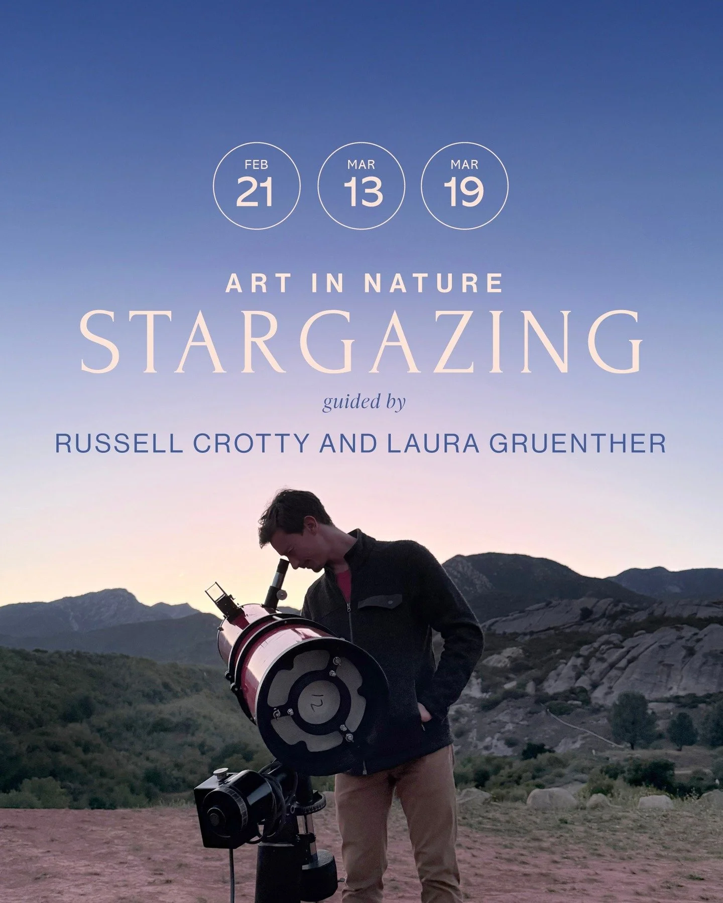 ⭐ Tickets for Stargazing, one of our moat popular offerings, are available with multiple dates to choose from. 

Saturday, February 21 (SOLD OUT)
6:00 PM - 9:30 PM

Friday, March 13
7:00 PM - 10:30 PM

Thursday, March 19
7:00 PM 10:30 PM

Perched abo