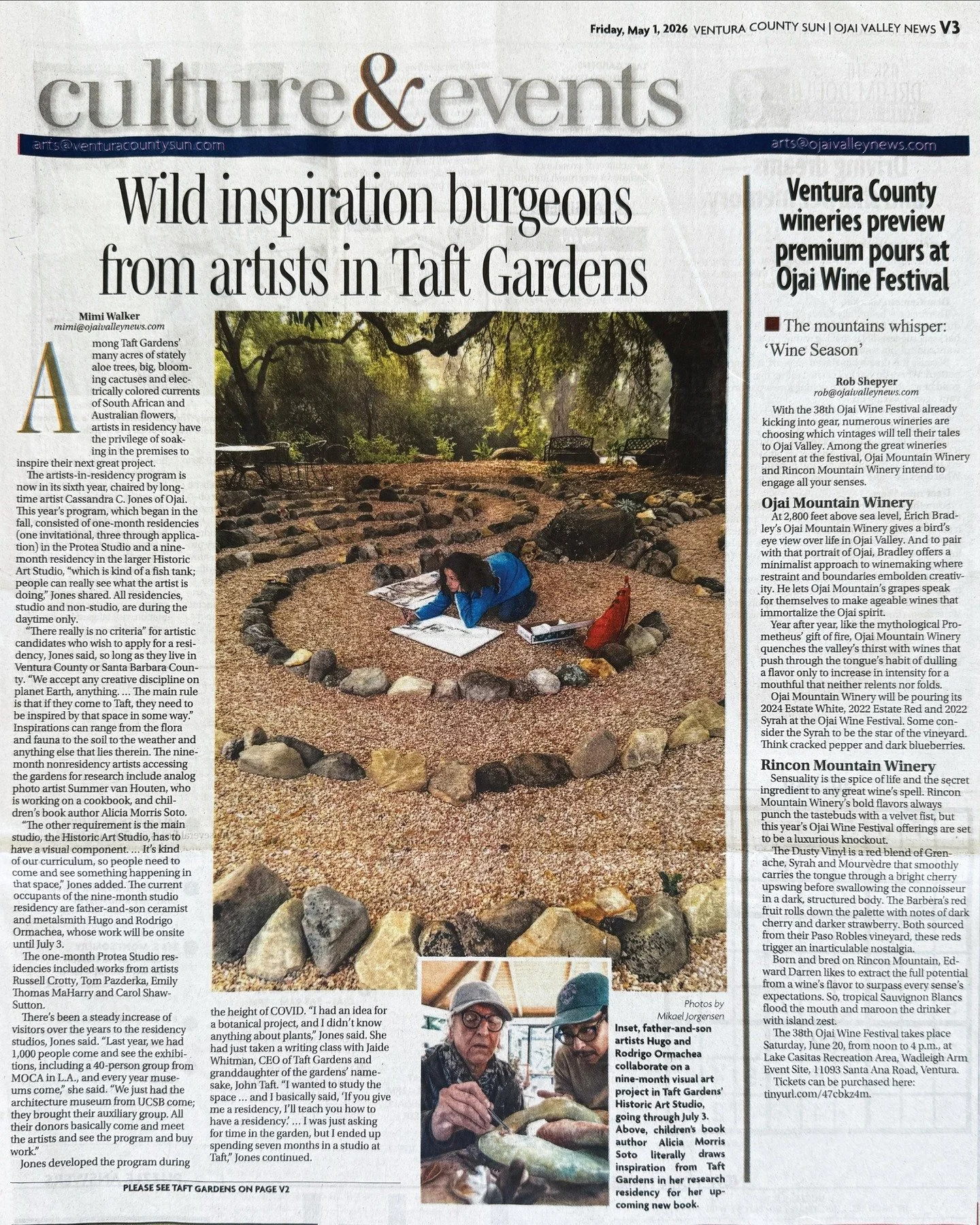 A warm thank you to the Ojai Valley News @ojaivalleynews and Mimi Walker for covering the Taft Gardens Art in Nature Residency, 2025/26 Season. 

The 6th Annual Art in Nature Exhibition Openings and Annual Fundraiser is coming up! 

🌿 Tickets go on 