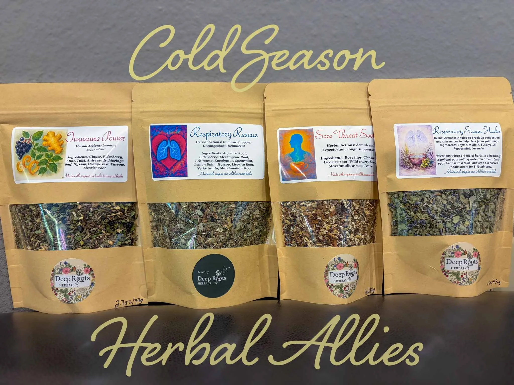 Handcrafted Deep Roots herbal teas for seasonal wellness