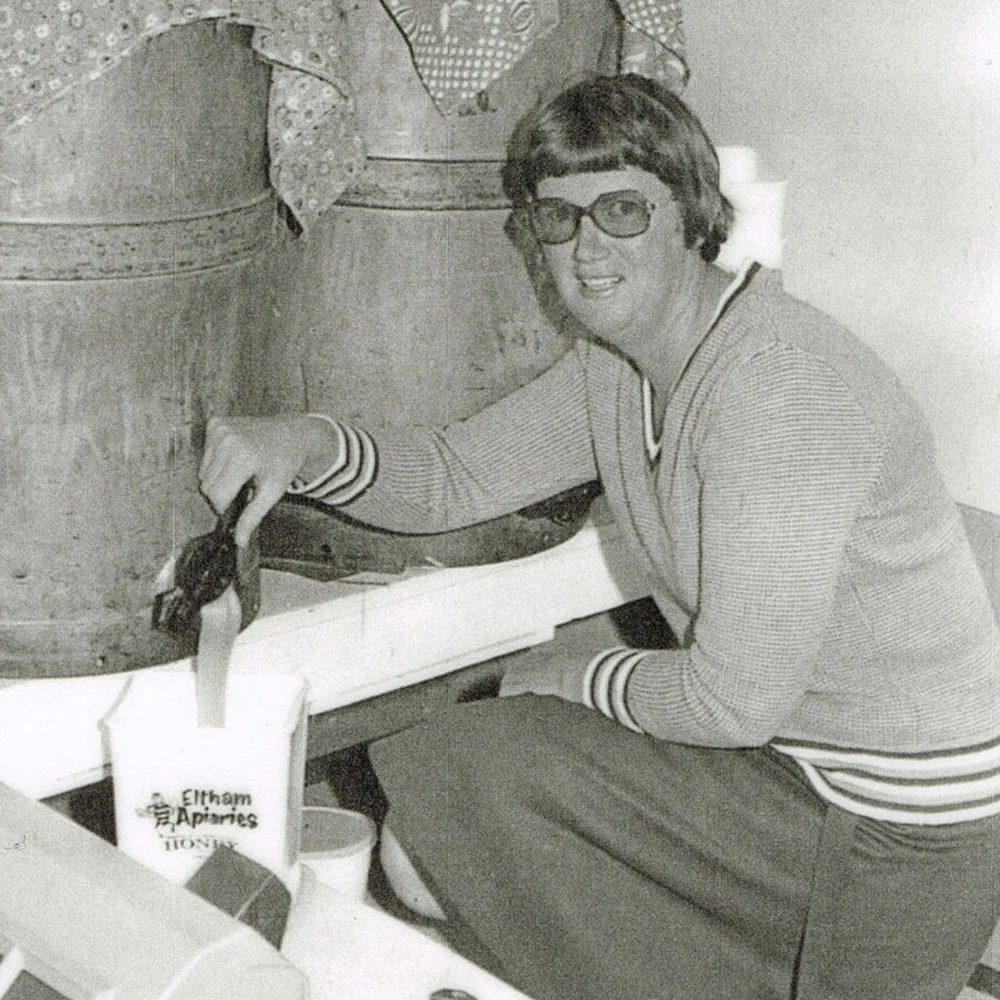 Gay Rowe packing honey from the first honey vat.