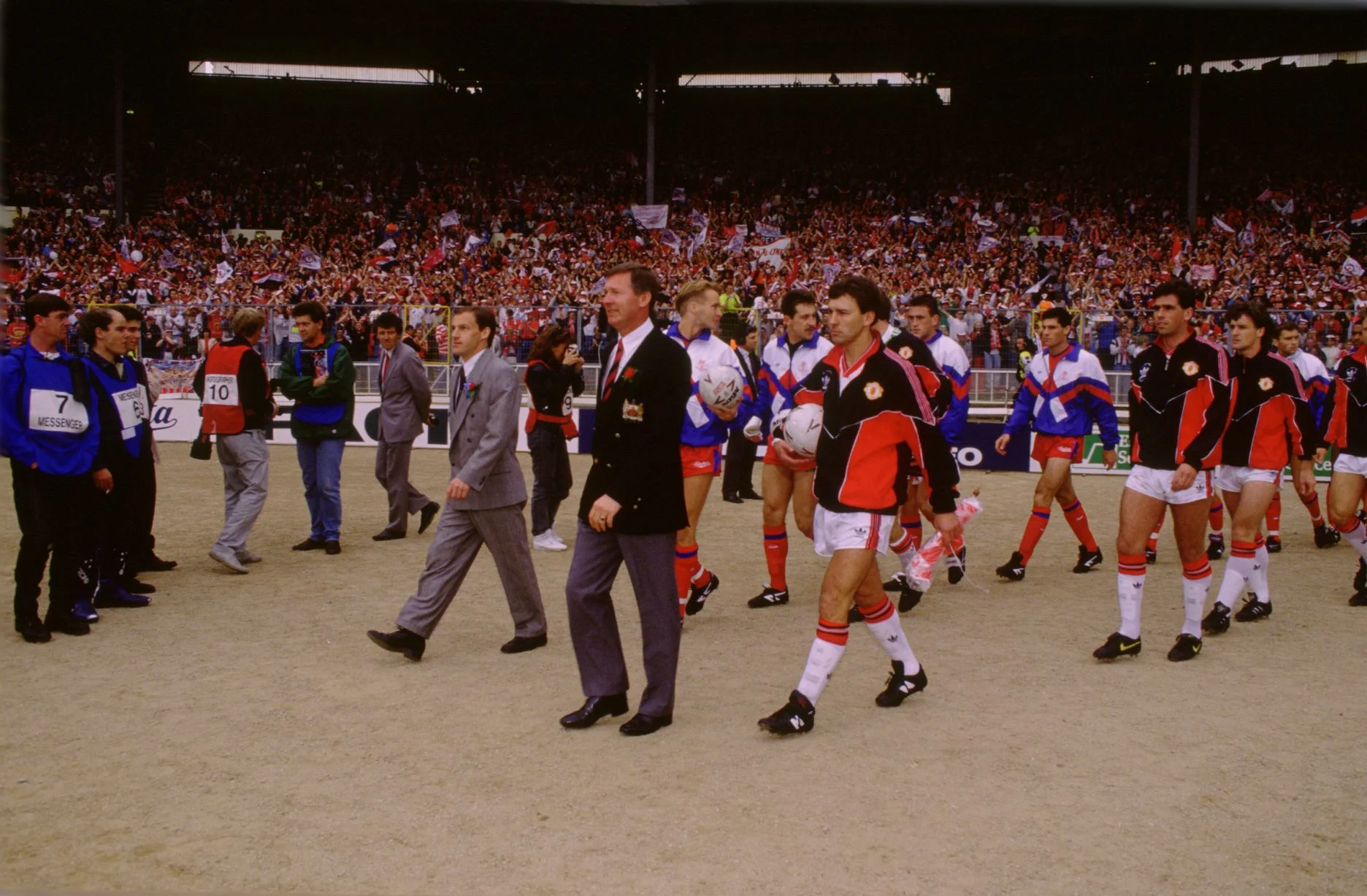Sir Alex Ferguson leads his squad onto the pitch at Wembley for the 1990 FA Cup Final - the match that saved his career.
