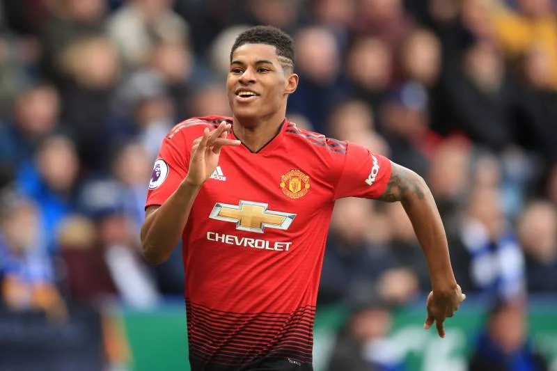 Rashford celebrates after scoring the decisive goal in a 1-0 victory against Leicester.