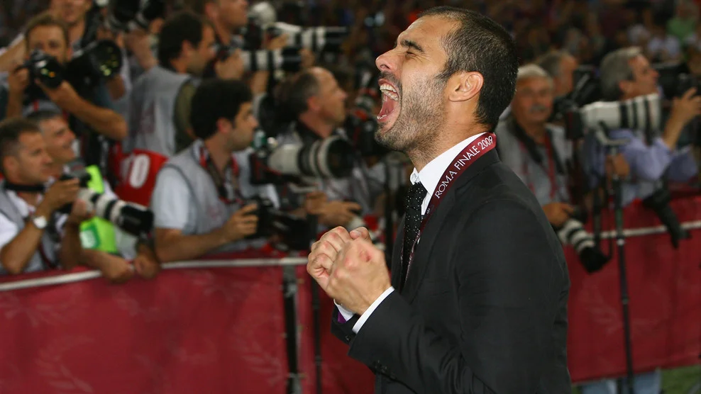 Guardiola celebrates the Champions League victory in Rome, 2009.