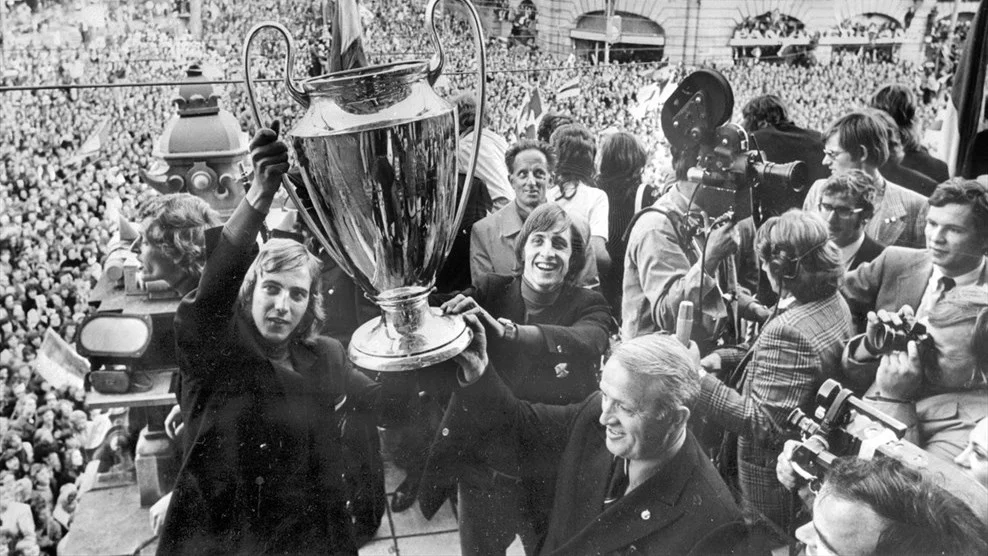Ajax present their European Cup in 1971.