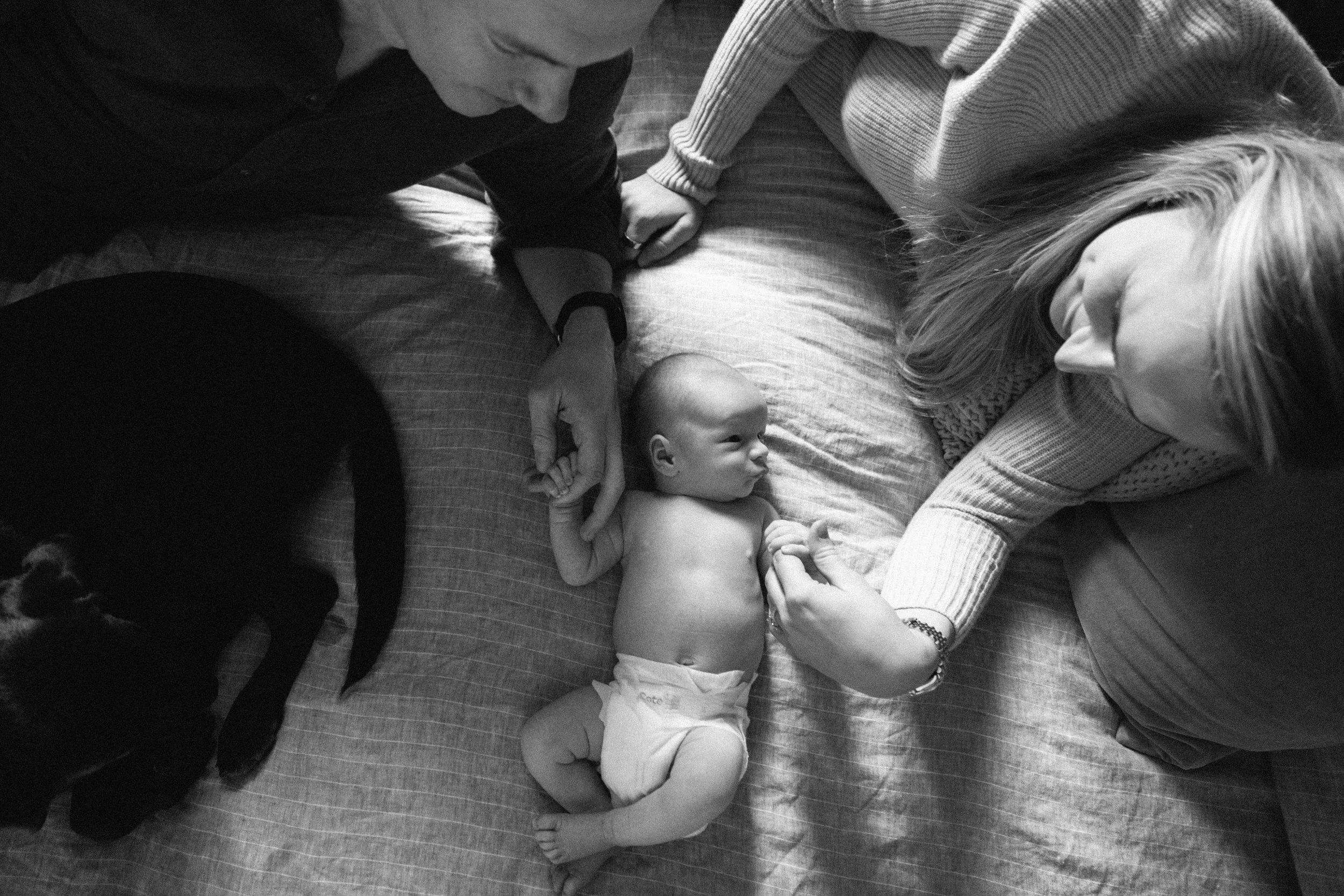 A black and white photo of a family lying on a bed. An adult man and woman are holding the tiny hand of a baby who is lying in the center, with a dog nearby.