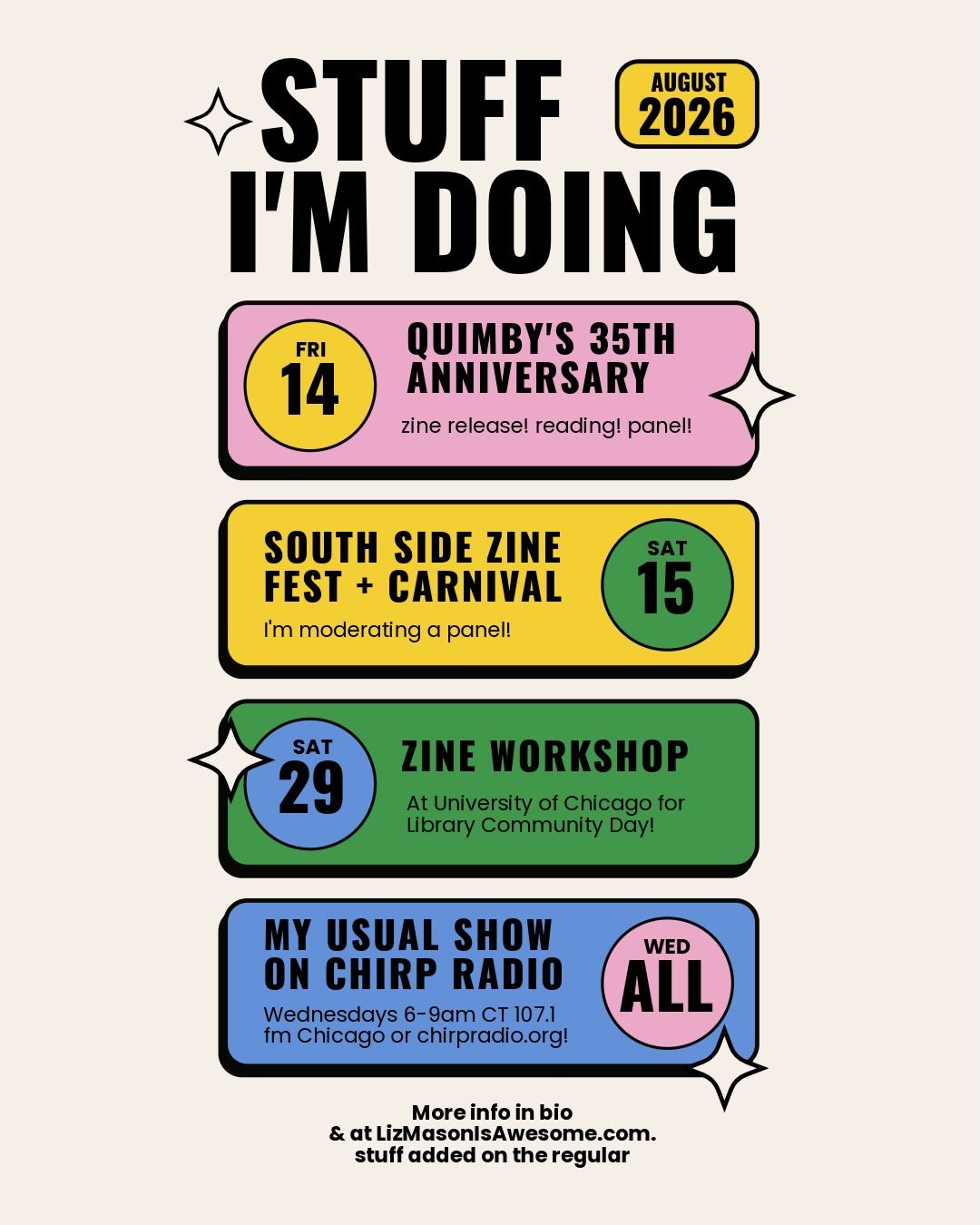 📣 Join me for things I&rsquo;m doing in August!

Fri 8/14 Quimby&rsquo;s Bookstore 35th Anniversary &ldquo;More a Fantasy Than A Good Idea&rdquo; zine release party + reading and panel discussion 🎉 My former place of employment for approximately 10