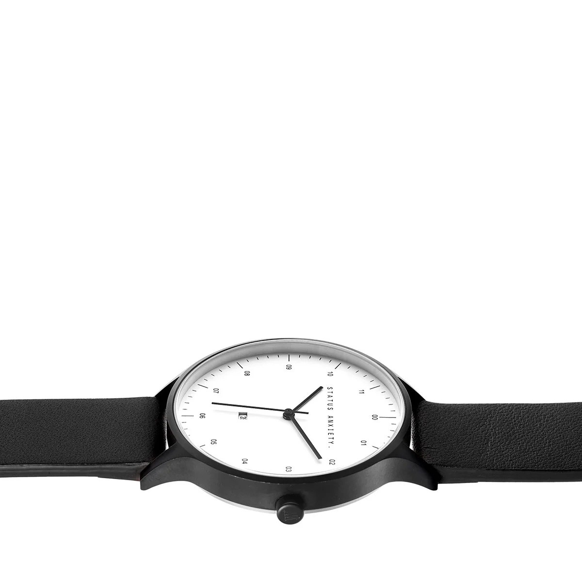 status-anxiety-watch-inertia-matte-black-white-face-black-strap-side-angle.jpg