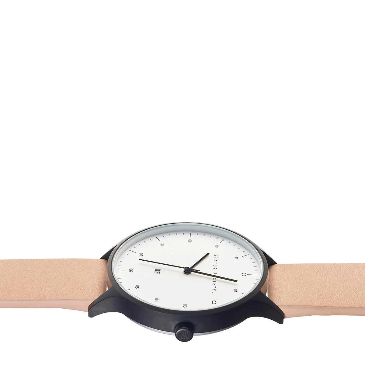 status-anxiety-watch-inertia-matte-black-white-face-natural-strap-side-angle.jpg