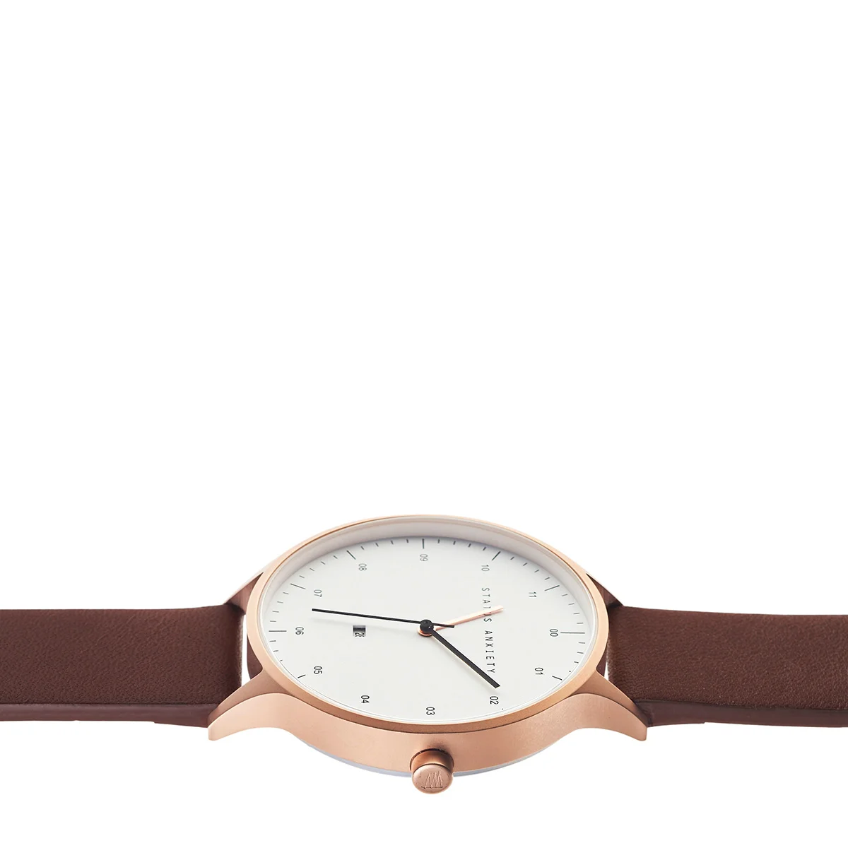 status-anxiety-watch-inertia-brushed-copper-white-face-brown-strap-side-angle.jpg