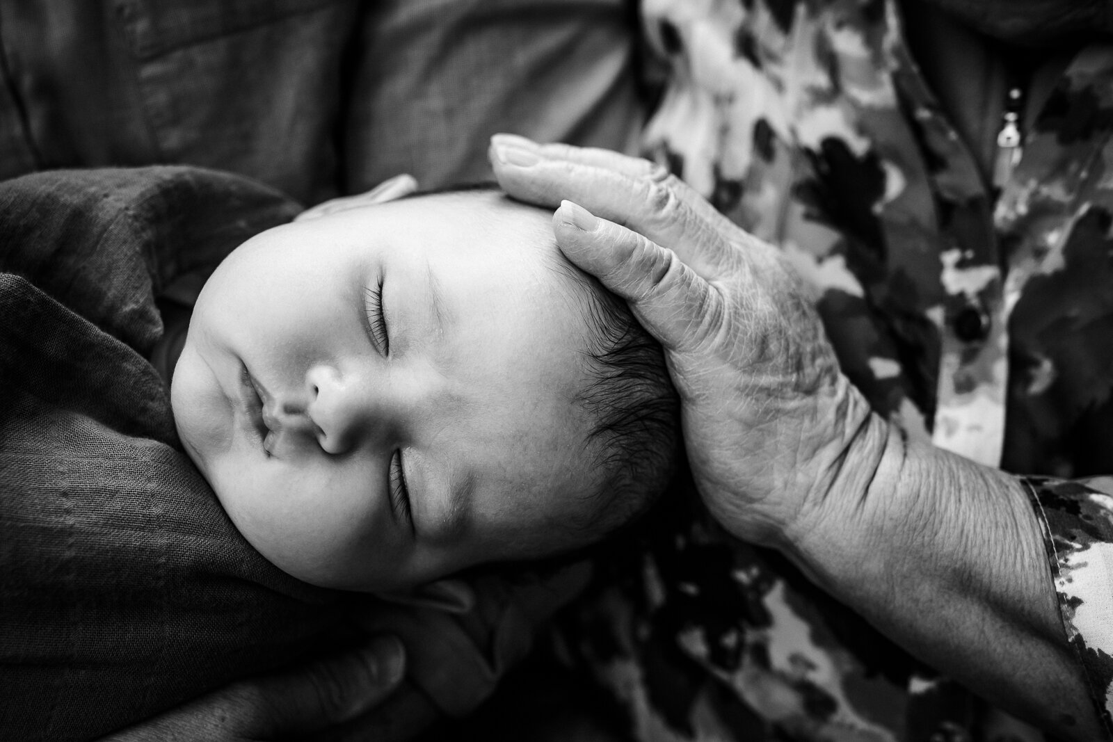 great grandmother touching baby grandson's head - Oakland Newborn Photographer