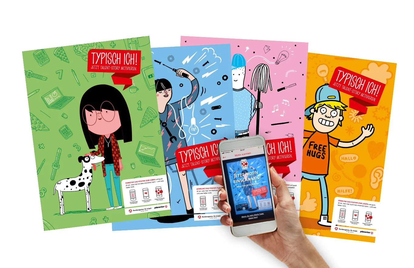  (Play Video above)  Vier illustrierte Plakate in Schulen dienen als AR-Marker. Bei Scannen mit der AzubiWelt App wird das Plakat zum AR-Film.  (Play Videos below) 