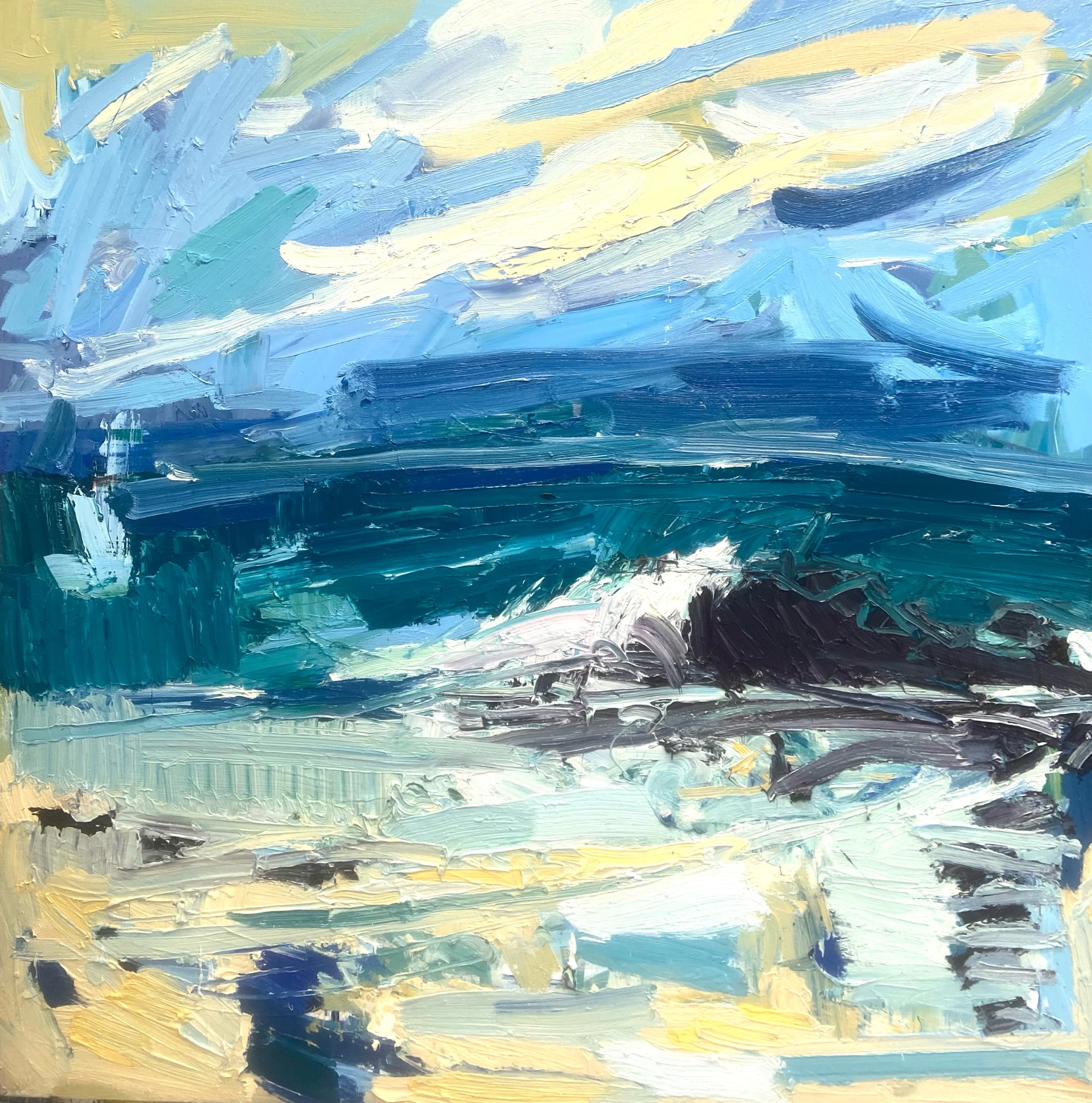 Wave crashes on rock at porthgwidden 140-140cm oil