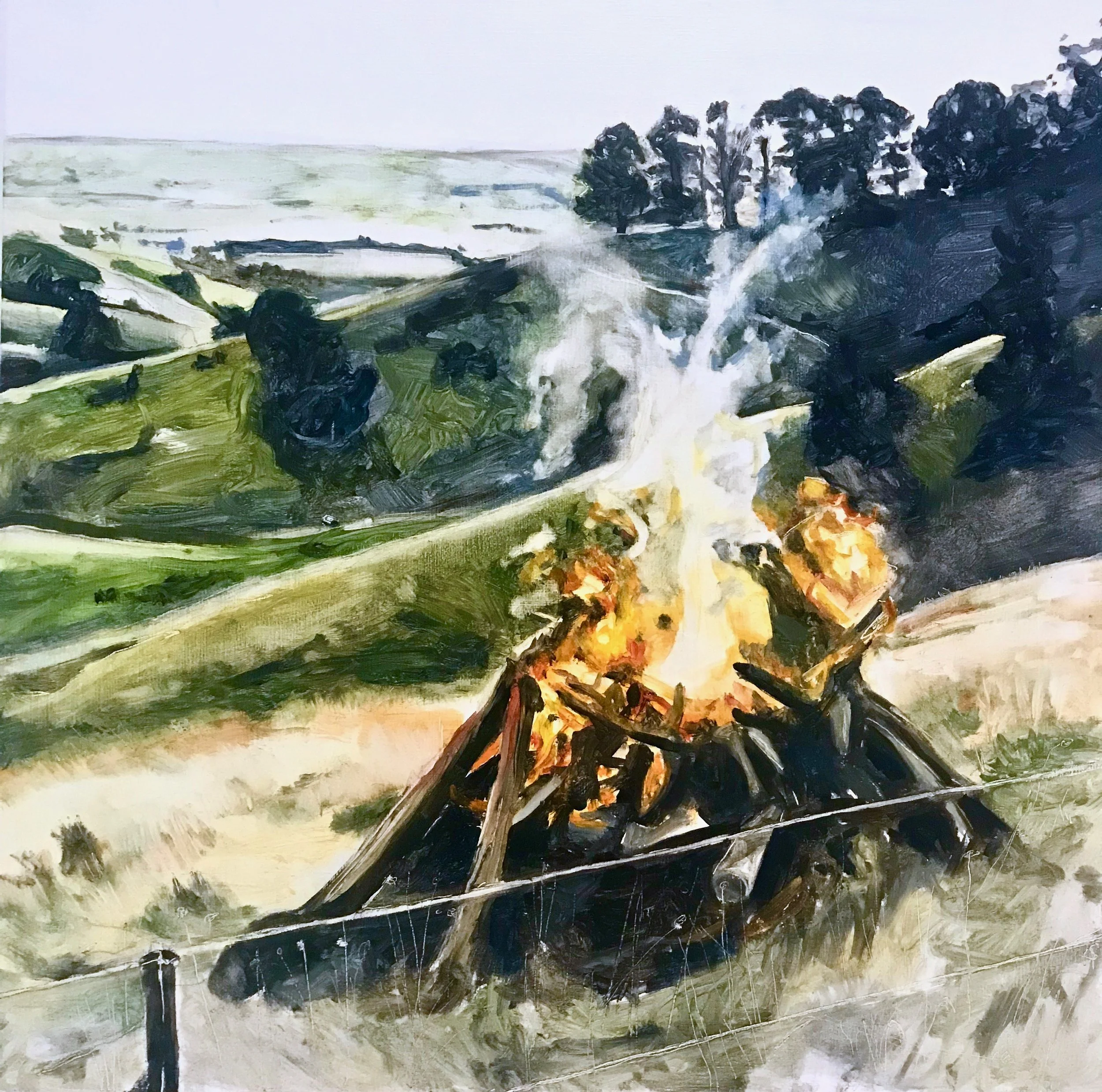 Bonfire at Yarragon South, 2017, Oil on panel, 40x40cm