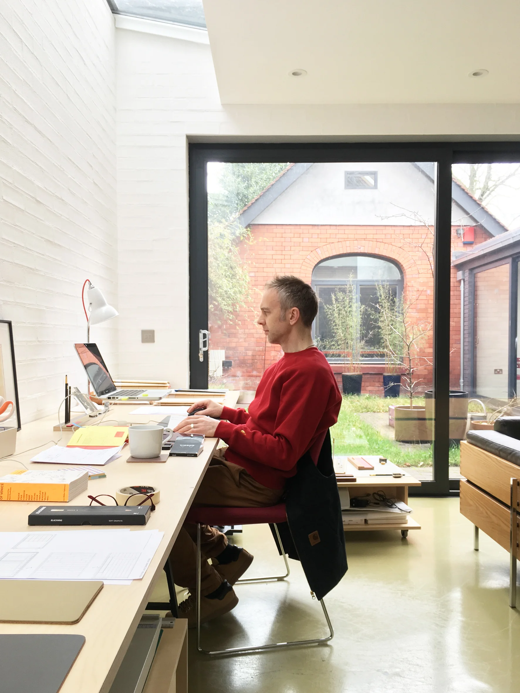The studio is a ‘clean’ space with a full width work-table and glazed roof light above - this is where any drawings and graphics are made and where books, samples, small prototypes and sofas are located. The design process begins with a conversation that involves sketching by hand, computer drawing (although not always the case) and then making of mock-ups or prototypes. This process can flow forwards or backwards depending on the challenges of the project.