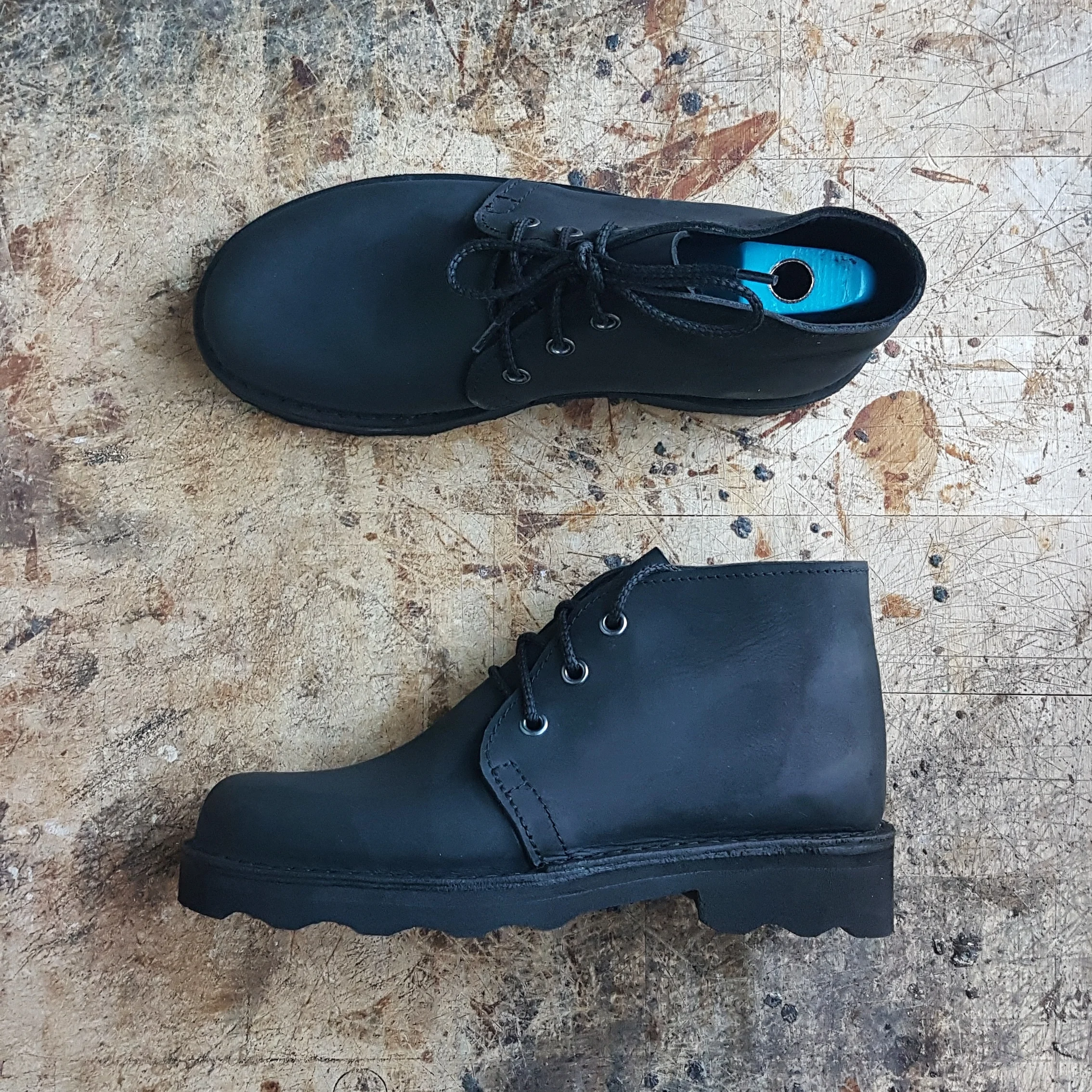 black leather chukka boots, made to order with Vibram sole, made by hand in Sheffield, England.