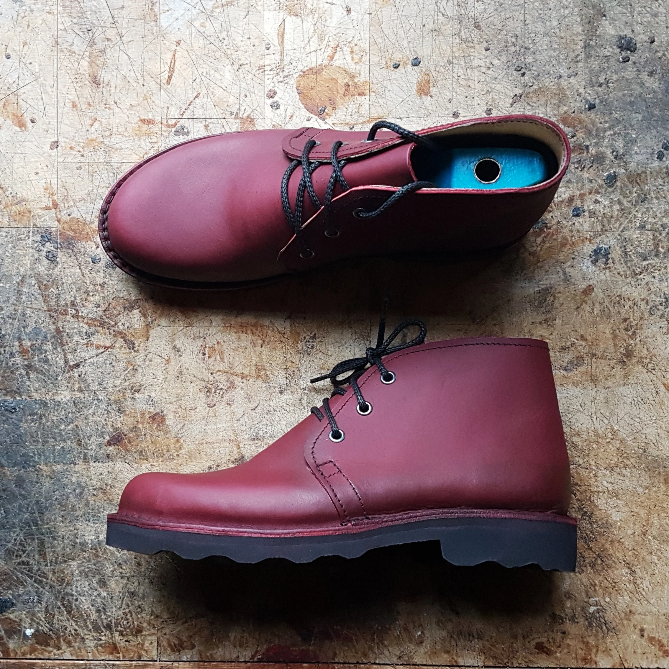 women's burgundy leather boot, chukka boot style with Vibram sole, hand made custom order boots in Sheffield, England.