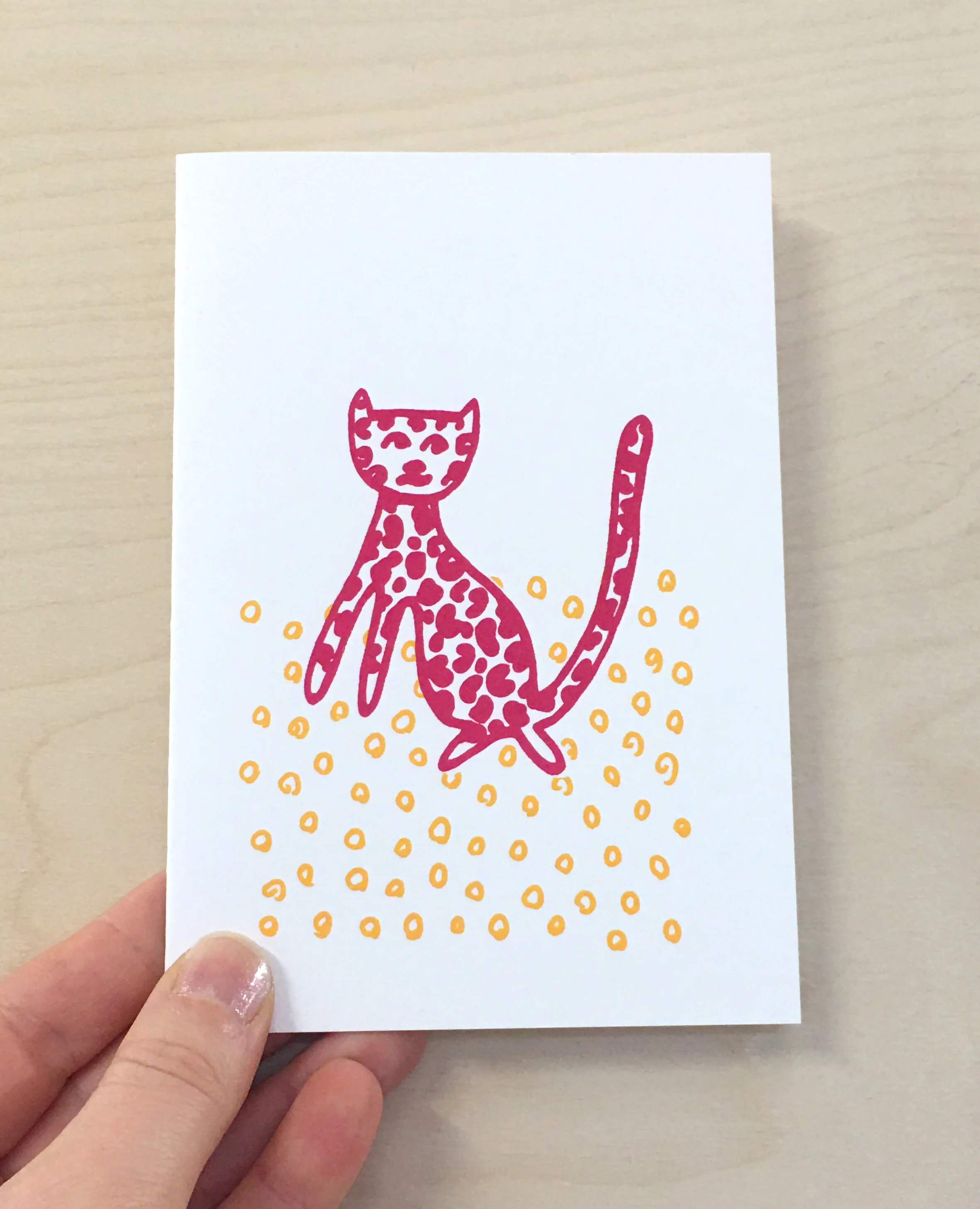 Pink Cat Screen Printed Greetings Card