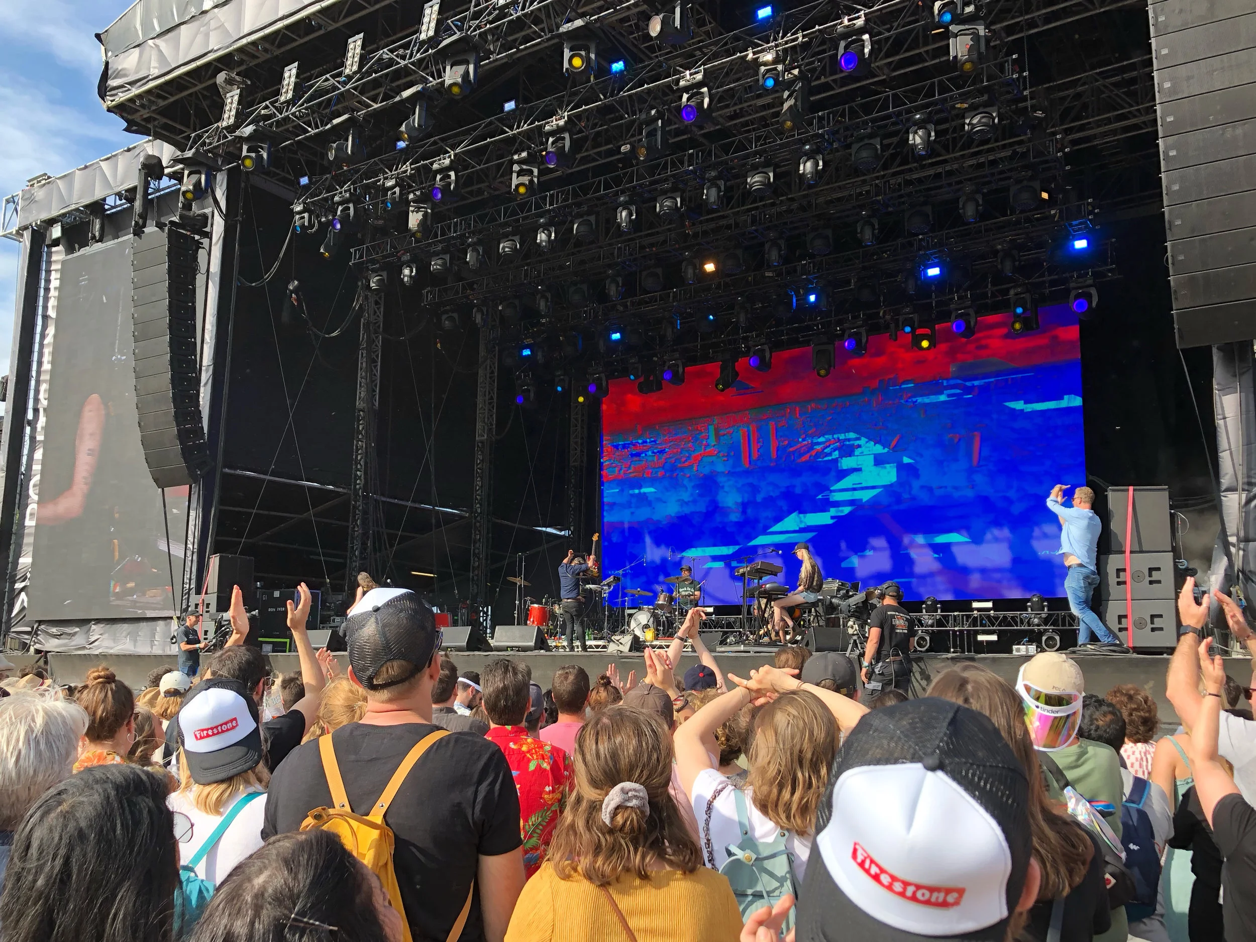 Time’s up, time’s up. Phosphorescent getting the call to cut it (as seen on the right) for their reshuffled set time on the main East stage at All Points East 2019