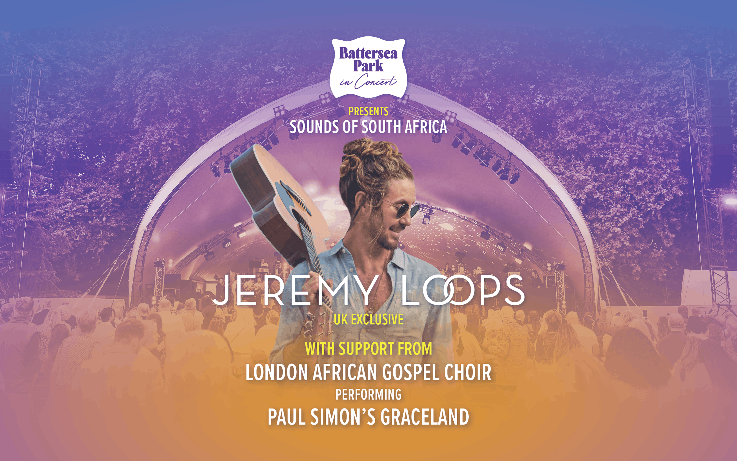 Sounds of South Africa concert poster advertising Jeremy Loops and the London African Gospel Choir performing Paul Simon’s ‘Graceland’ at Battersea Park on Friday 28 August 2026