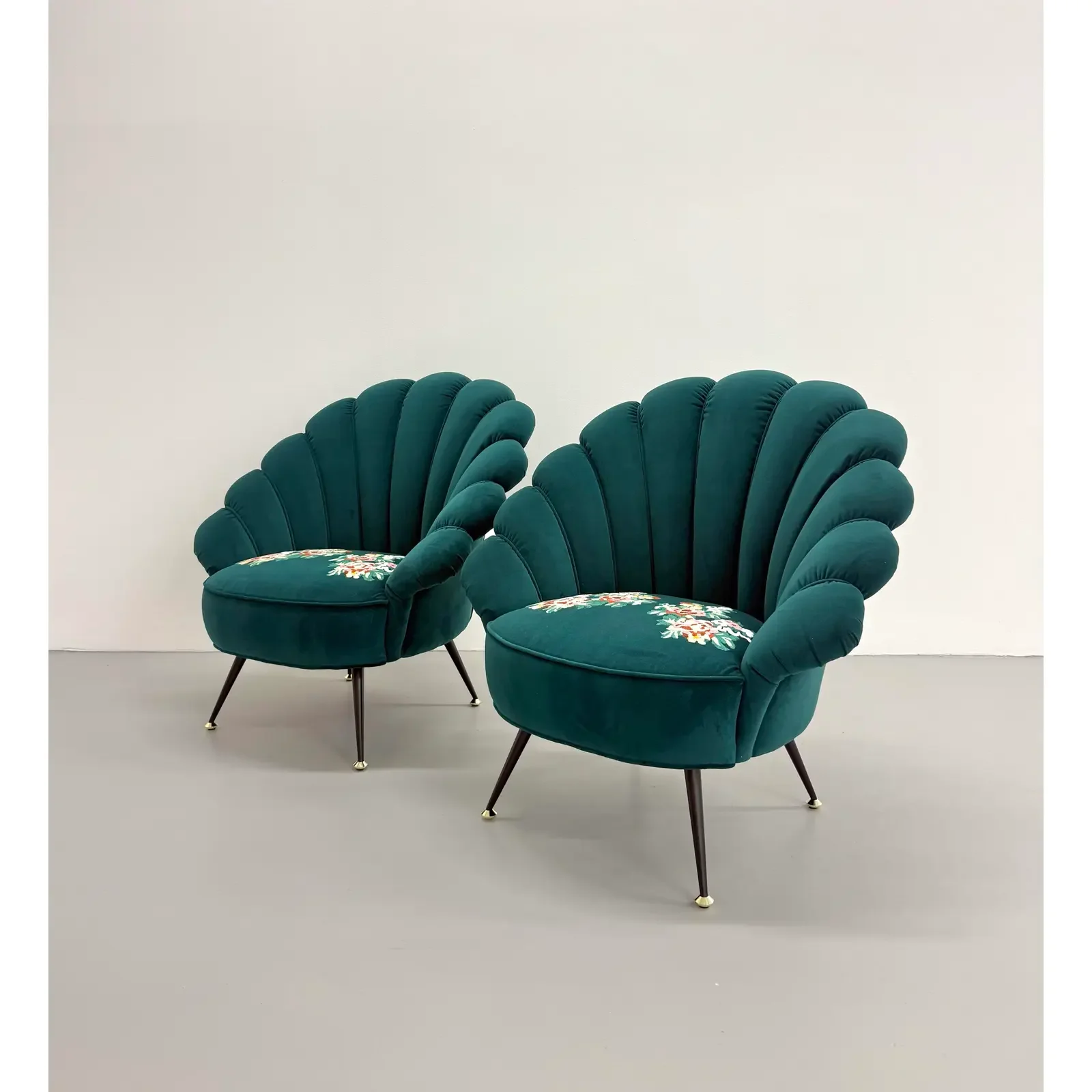 Gucci Velvet Shell Armchairs With Embroidered Floral Seats - Pair