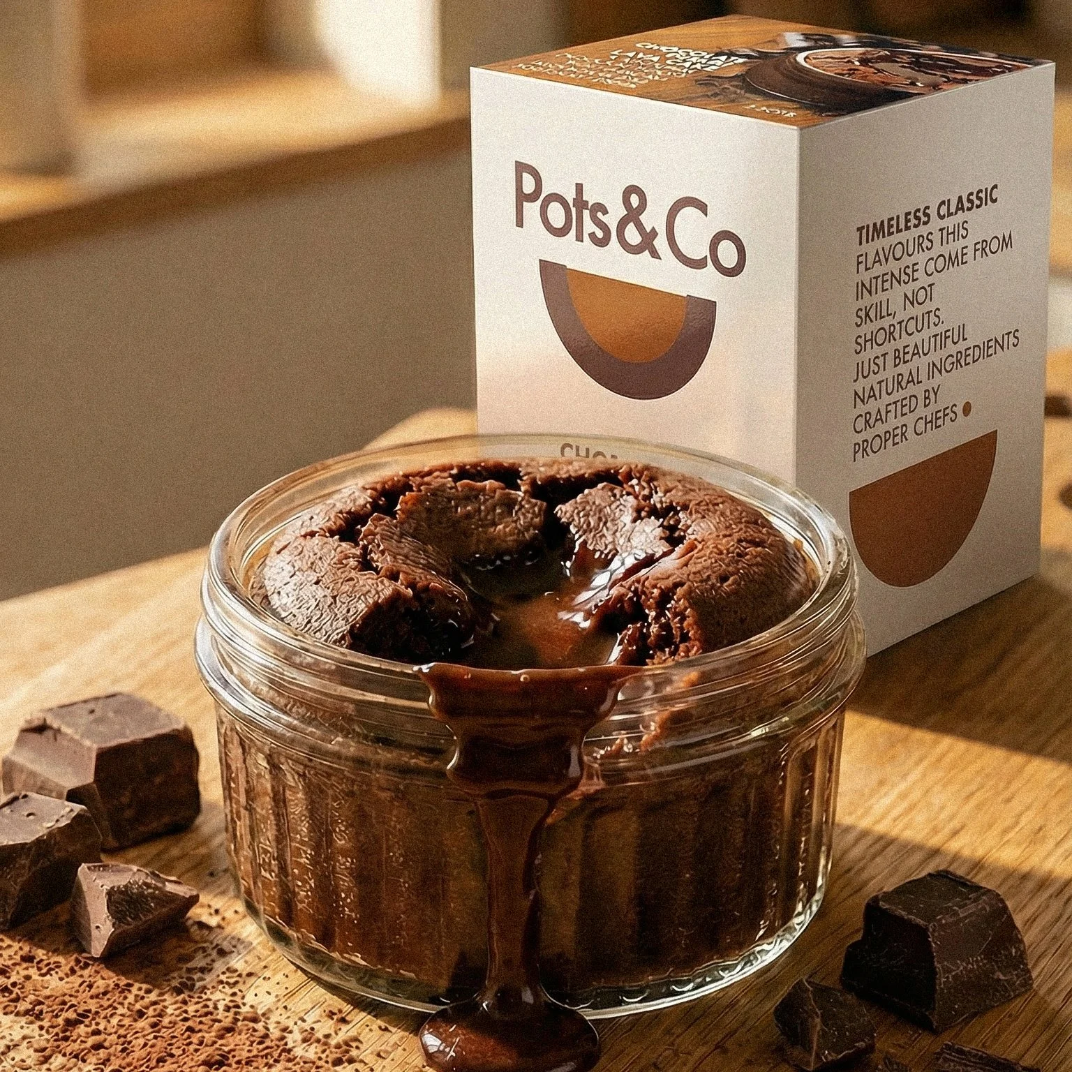 A jar of chocolate icing with an open top, surrounded by chunks of dark chocolate on a wooden surface. A box of Pots & Co. Timeless Classic dessert is in the background.