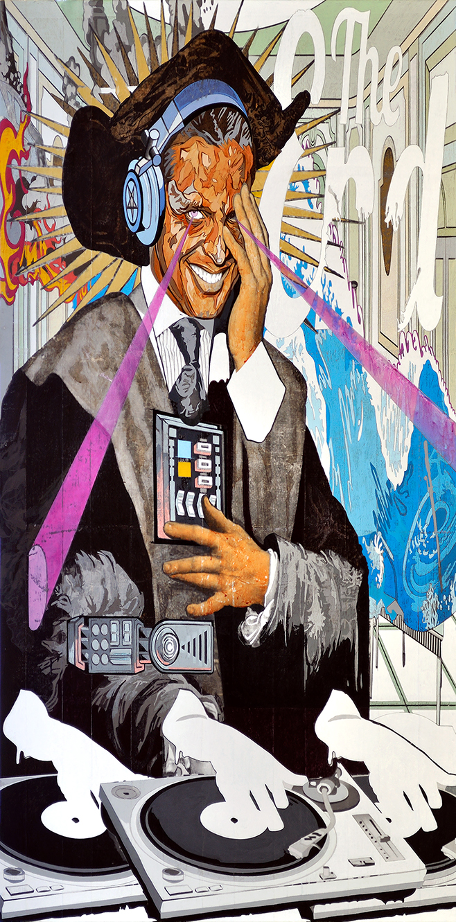 at the disco at the end of the world , acrylic, graphite, charcoal and transfer on wood, 48 x 24 in, 2012