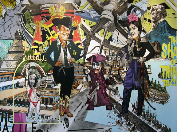 de Santanico Pandemonium y el Vaquero, la vampira del rio y la piratería (of Santanico Pandemonium and Cowboy, the river vampire and piracy) , acrylic, graphite, charcoal, and transfer on wood, 72 x 96 in, 2012