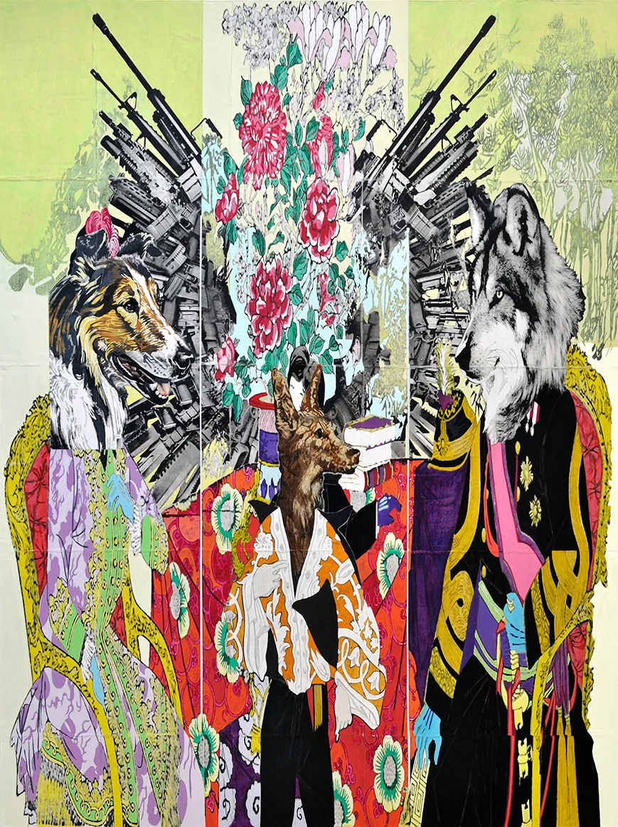 de la Joven Irlandés y el Lobo Gris Mexicano, el Disfraz (of Irish Lassie and Mexican Gray Wolf, the Costume) , acrylic, graphite, charcoal, ink, and transfer on wood, 48 x 36 in, 2012