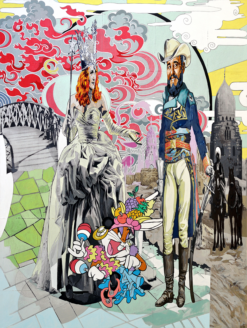 de la Norteña y el Primer Ministro, la Mutación (of Northerner and Prime Minister, the Mutation) , acrylic, graphite, charcoal, and transfer on wood, 48 x 36 in, 2011