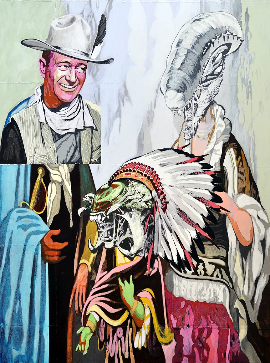 de la Gran Madre y un Duque, la Hibrida (of the Great Mother and a Duke, the Hybrid) , acrylic, graphite, charcoal, and transfer on wood, 48 x 36 in, 2010