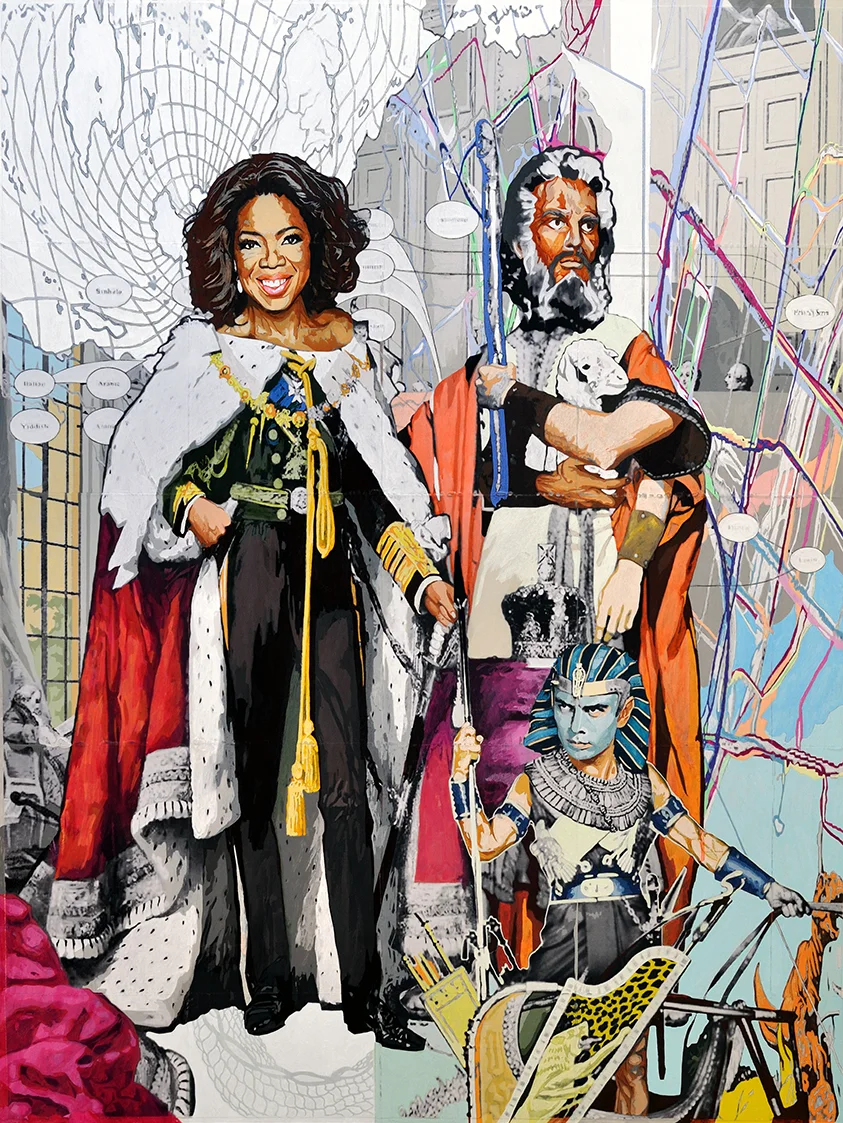 de la Reina y el NRA, el Faraon (of the Queen and the NRA, the Pharaoh) , acrylic, graphite, charcoal, and transfer on wood, 48 x 36 in, 2010