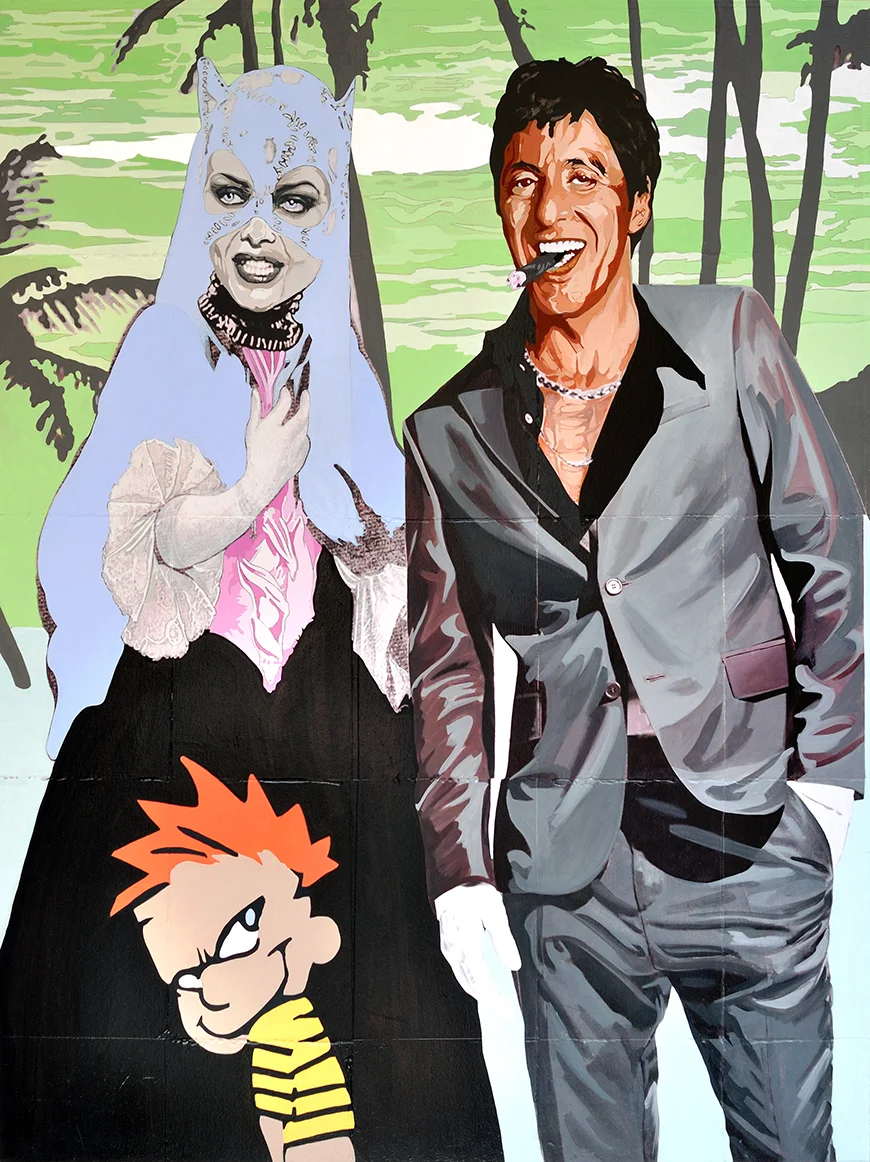 de la Gata y Cain, el Desmadroso (of the Servant and Cain, the Entropist) , acrylic, graphite, charcoal, and transfer on wood, 48 x 36 in, 2010