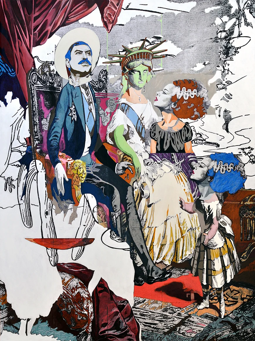 de Libertad y el Generalisimo, un Eco (of Liberty and the Generalissimo, an Echo) , acrylic, graphite, charcoal, and transfer on wood, 48 x 36 in, 2010